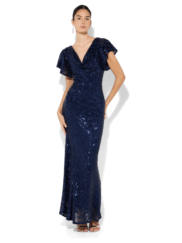 Anova Navy Sequin Gown by Montique