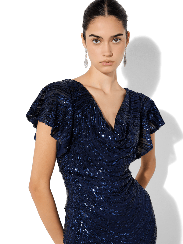 Anova Navy Sequin Gown by Montique