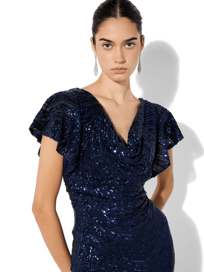 Anova Navy Sequin Gown by Montique