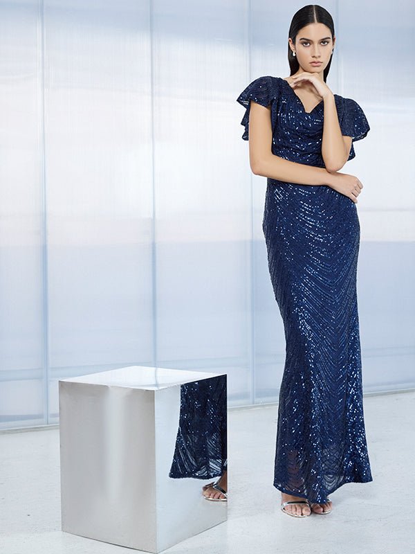 Anova Navy Sequin Gown by Montique