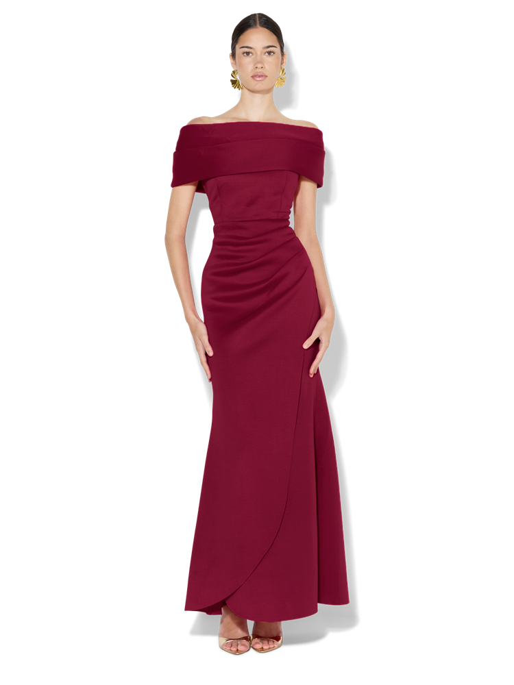 Dalton Merlot Off The Shoulder Gown