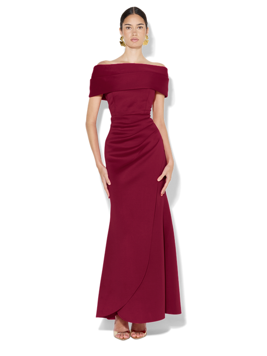 Dalton Merlot Off The Shoulder Gown